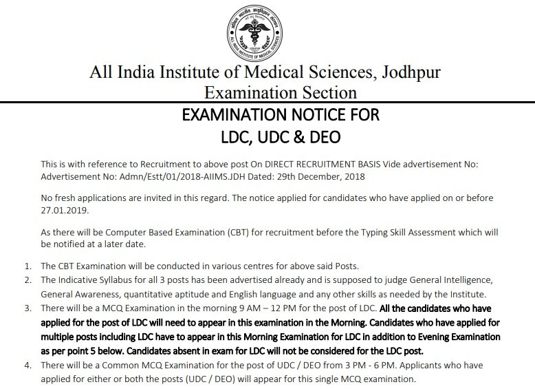 AIIMS Jodhpur LDC Result 2019